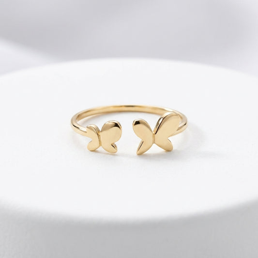 18K Solid Gold Open Double Butterfly Cuff Stacking Ring