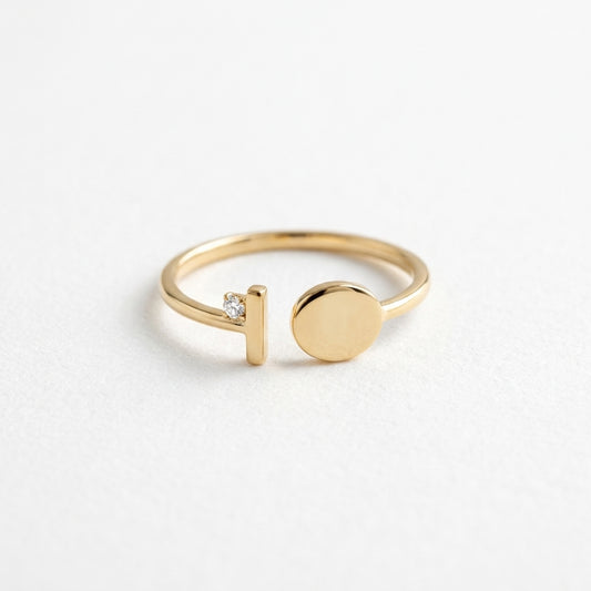 18K Solid Gold Geometric Open T and Disc Ring with Accent Cubic Zirconia