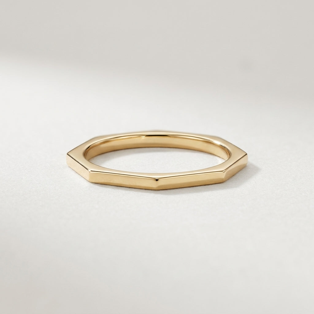18K Solid Gold Geometric Hexagon Faceted Stacking Band Ring