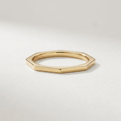 18K Solid Gold Geometric Hexagon Faceted Stacking Band Ring