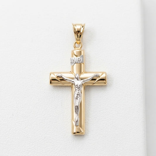 18K Solid Gold Two-Tone Cylindrical Crucifix Cross Pendant with INRI Banner