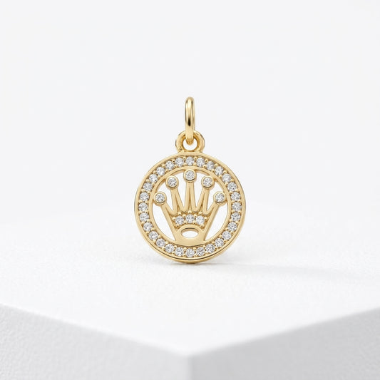 18K Solid Gold Pavé Crown Medallion Pendant with Cubic Zirconia