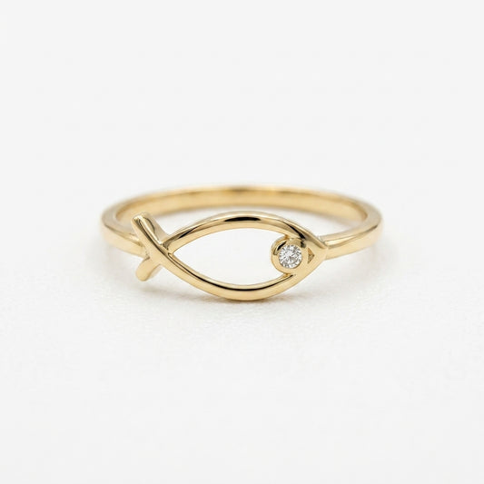 18K Solid Gold Ichthys Christian Fish Ring with Bezel-Set Cubic Zirconia