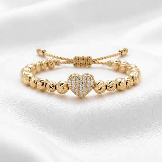 18K Solid Gold Pave Cubic Zirconia Heart Charm Bead Bracelet