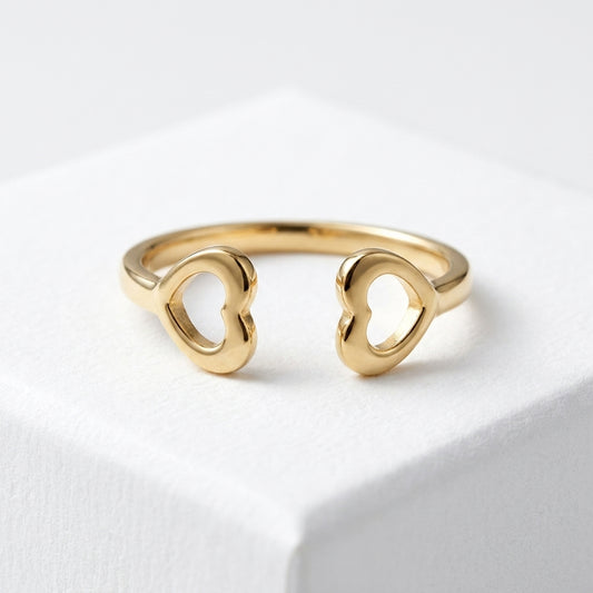 18K Solid Gold Open Double Heart Cuff Stacking Ring