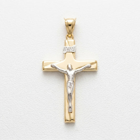 18K Solid Gold Two-Tone Crucifix Cross Pendant with INRI Banner
