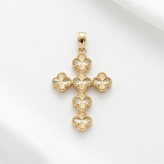 18K Solid Gold Guilloché Clover Cross Pendant with Beaded Perlée Border