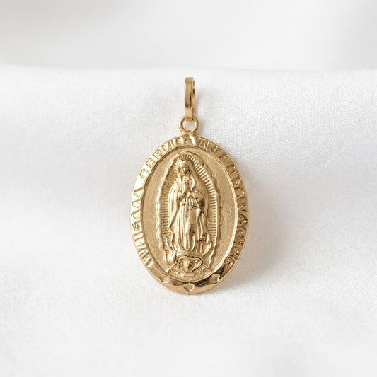 18K Solid Gold Classic Oval Virgin Mary Our Lady of Guadalupe Medallion Pendant