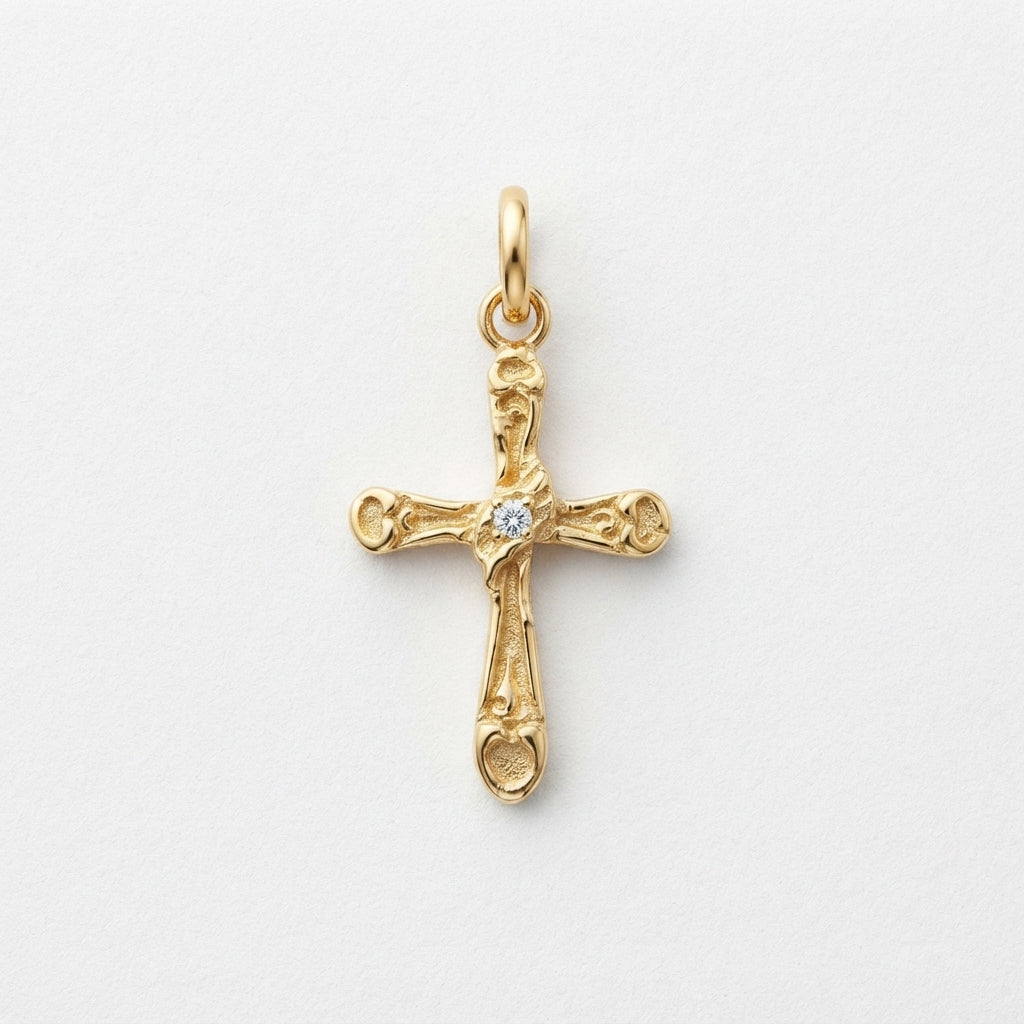 18K Solid Gold Filigree Baroque Cross Pendant with Center Cubic Zirconia