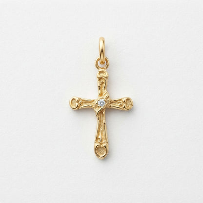 18K Solid Gold Filigree Baroque Cross Pendant with Center Cubic Zirconia