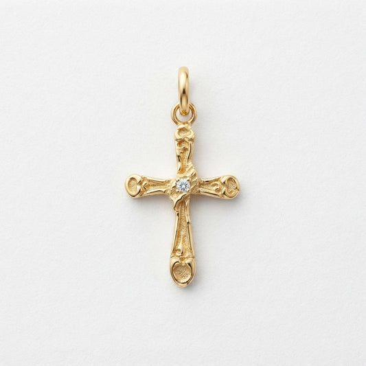 18K Solid Gold Filigree Baroque Cross Pendant with Center Cubic Zirconia
