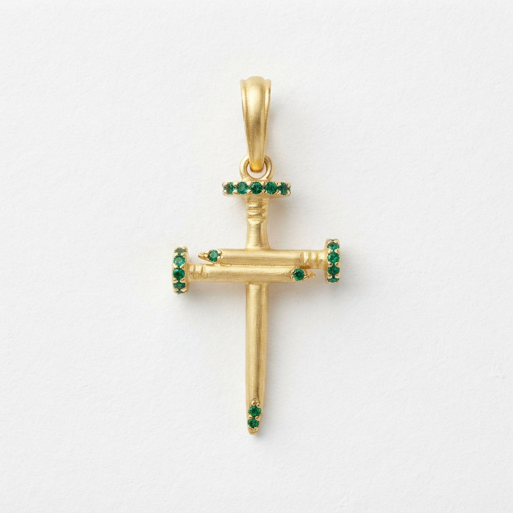 18K Solid Gold Passion Nails Cross Pendant with Emerald-Green Cubic Zirconia