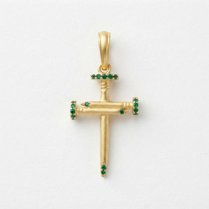 18K Solid Gold Passion Nails Cross Pendant with Emerald-Green Cubic Zirconia