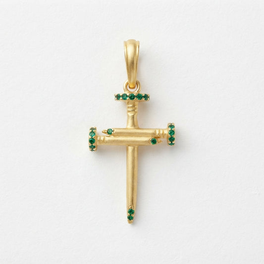 18K Solid Gold Passion Nails Cross Pendant with Emerald-Green Cubic Zirconia