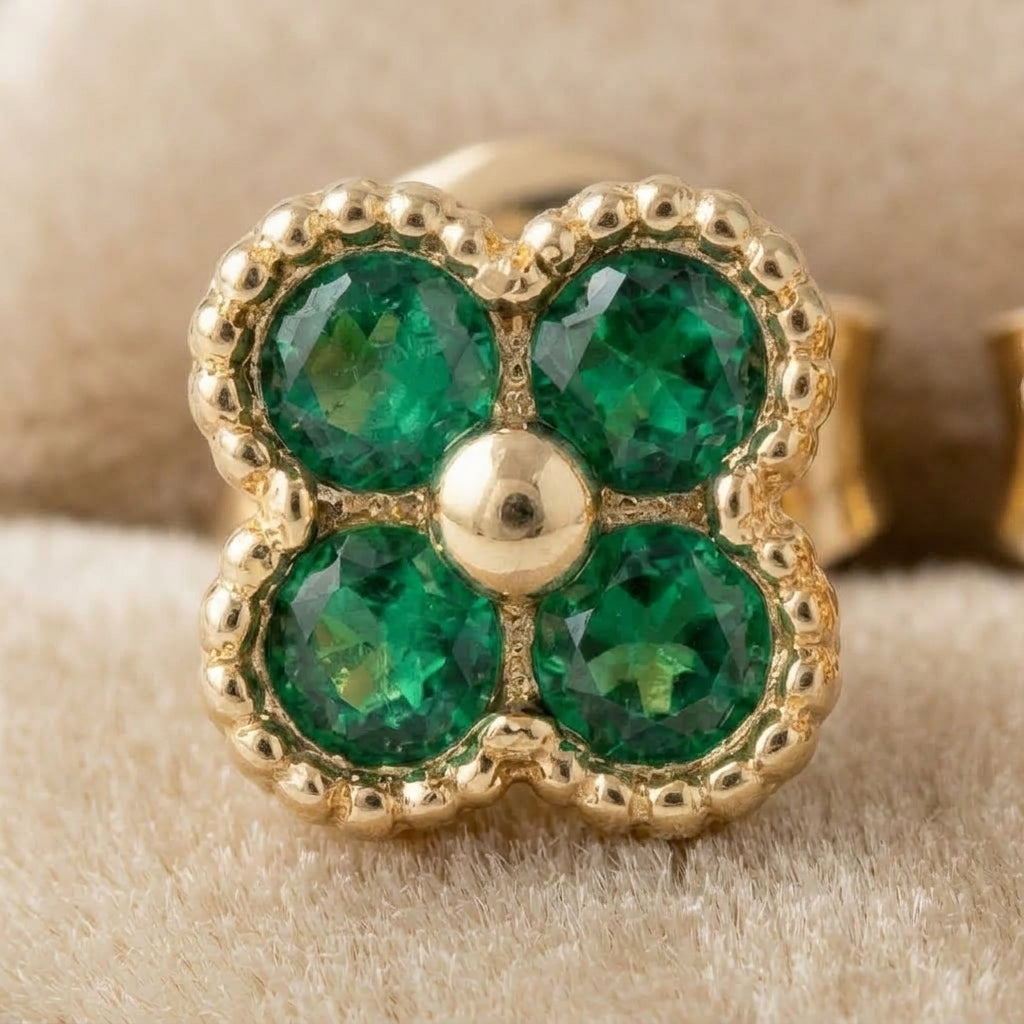 18K Solid Gold Green Stone Clover Stud Earrings