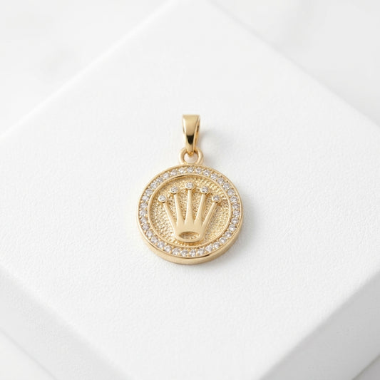 18K Solid Gold Textured Crown Medallion Pendant with Cubic Zirconia Halo