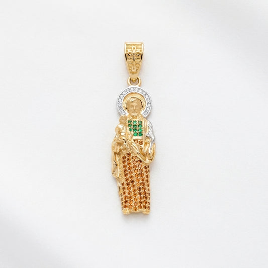 18K Solid Gold Saint Jude Thaddeus Pendant with Emerald and Cognac Cubic Zirconia