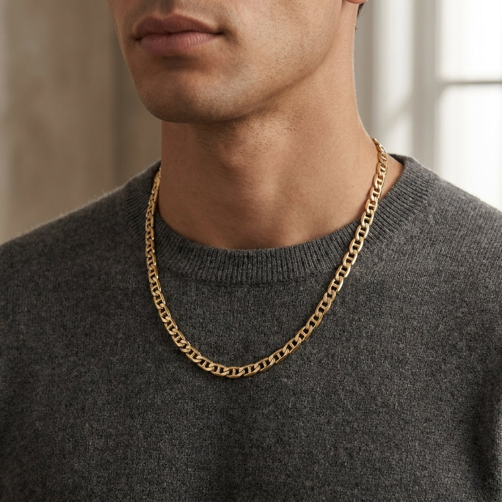 18K Solid Gold Flat Anchor Ladder Chain Necklace