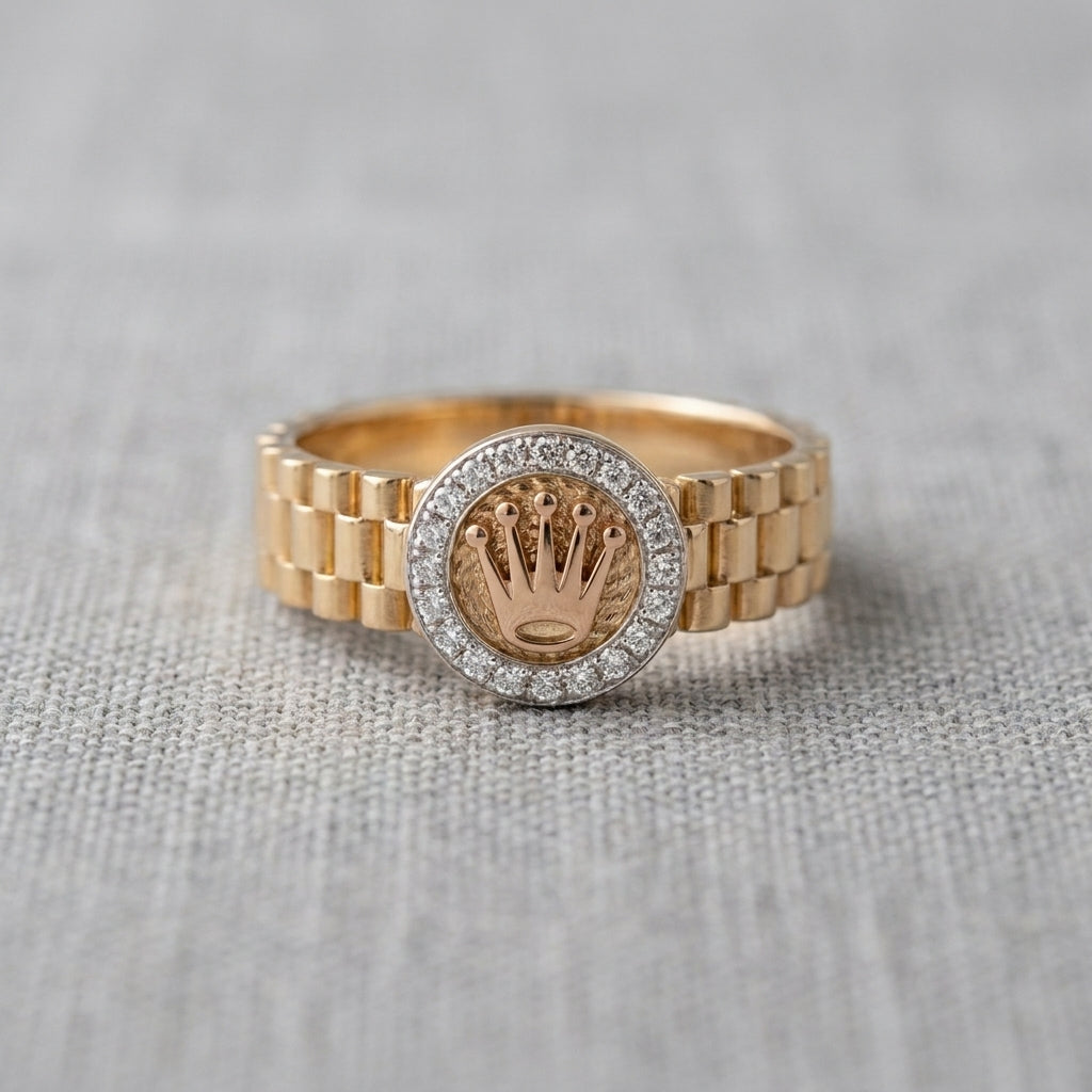 18K Solid Gold Jubilee Watch Link Crown Halo Ring with Cubic Zirconia