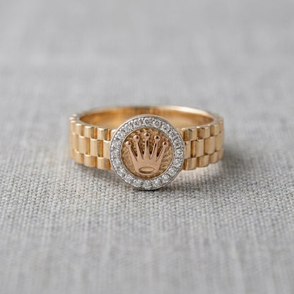 18K Solid Gold Jubilee Watch Link Crown Halo Ring with Cubic Zirconia