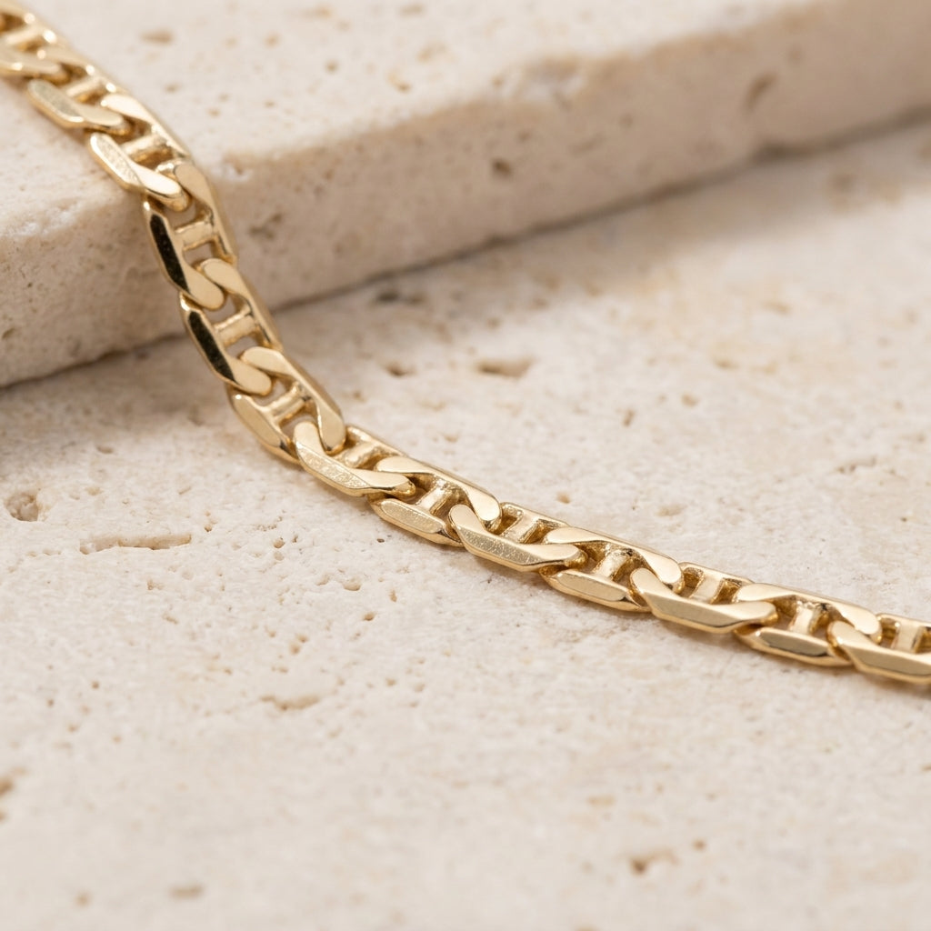 18K Solid Gold Flat Anchor Ladder Chain Necklace