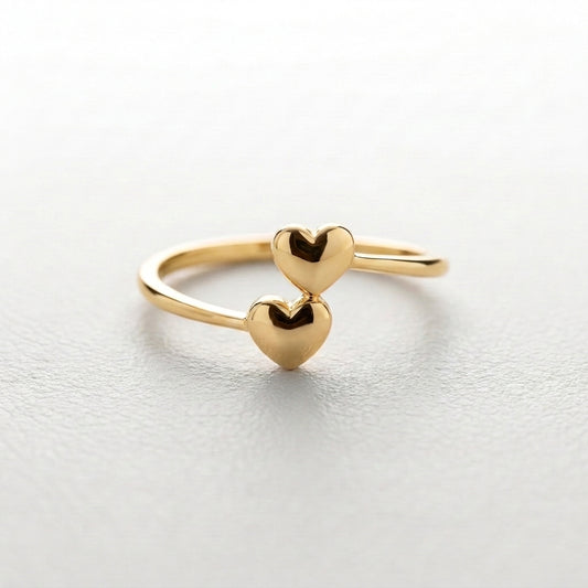 18K Solid Gold Puffed Double Heart Bypass Stacking Ring