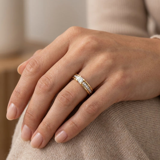 18K Solid Gold Two-Tone Natural Diamond Solitaire and Channel-Set Accent Band Ring
