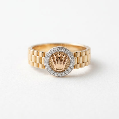 18K Solid Gold Jubilee Watch Link Crown Halo Ring with Cubic Zirconia