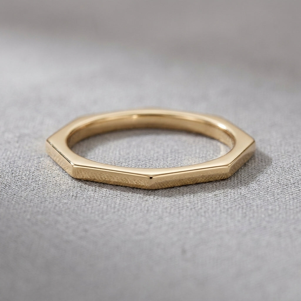 18K Solid Gold Geometric Hexagon Faceted Stacking Band Ring