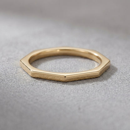 18K Solid Gold Geometric Hexagon Faceted Stacking Band Ring