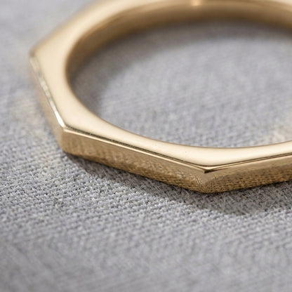 18K Solid Gold Geometric Hexagon Faceted Stacking Band Ring