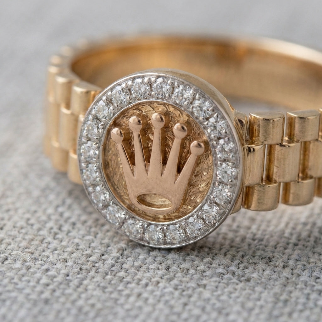 18K Solid Gold Jubilee Watch Link Crown Halo Ring with Cubic Zirconia