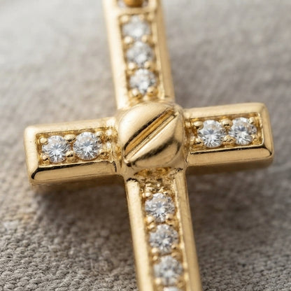 18K Solid Gold Channel-Set Cubic Zirconia Cross Pendant with Center Knot Accent